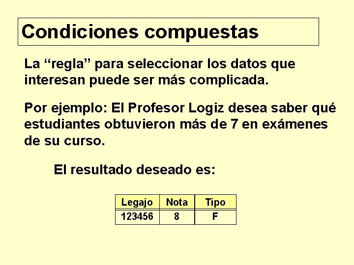 Condiciones compuestas La “regla” para seleccionar los datos que interesan puede ser más complicada.