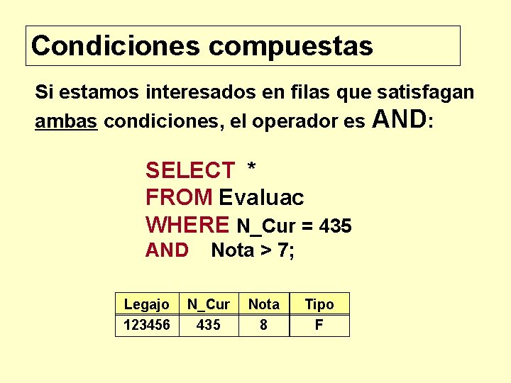 Condiciones compuestas Si estamos interesados en filas que satisfagan ambas condiciones, el operador es