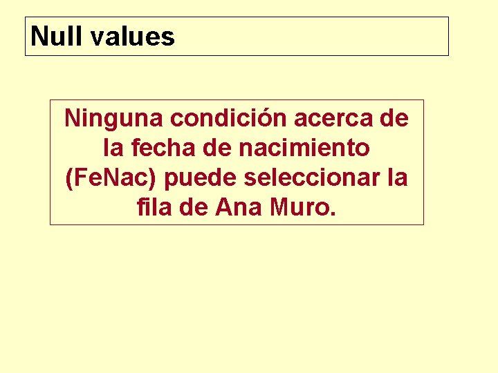 Null values Ninguna condición acerca de la fecha de nacimiento (Fe. Nac) puede seleccionar