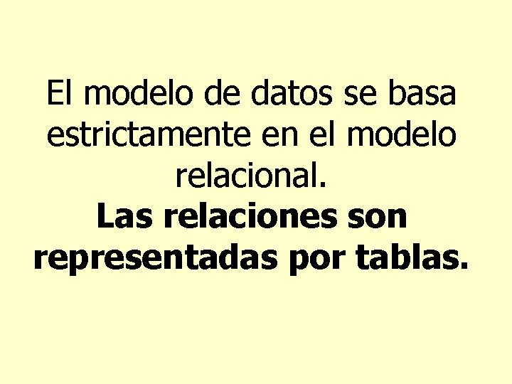 El modelo de datos se basa estrictamente en el modelo relacional. Las relaciones son