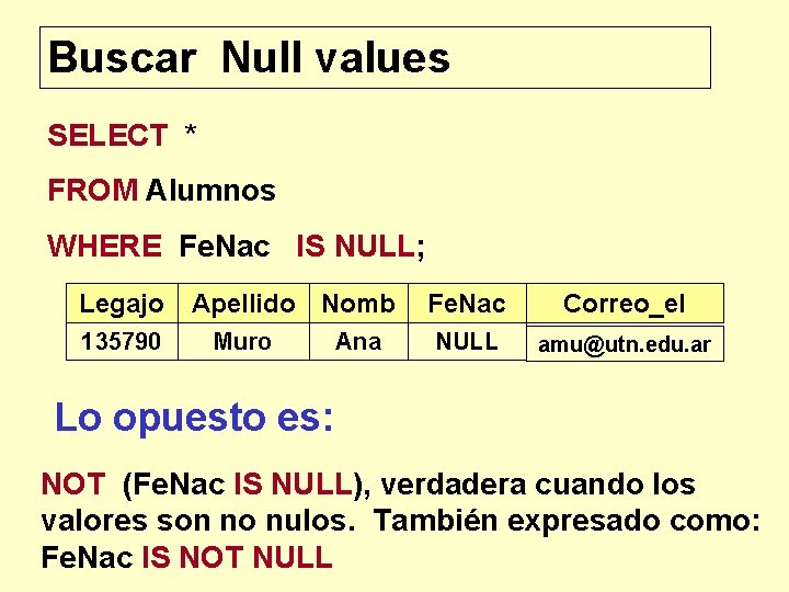 Buscar Null values SELECT * FROM Alumnos WHERE Fe. Nac IS NULL; Legajo 135790