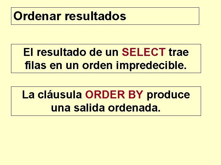 Ordenar resultados El resultado de un SELECT trae filas en un orden impredecible. La