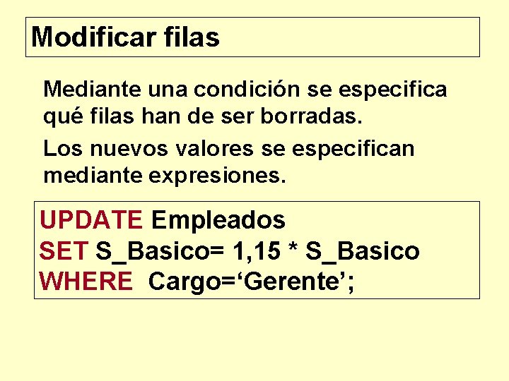 Modificar filas Mediante una condición se especifica qué filas han de ser borradas. Los