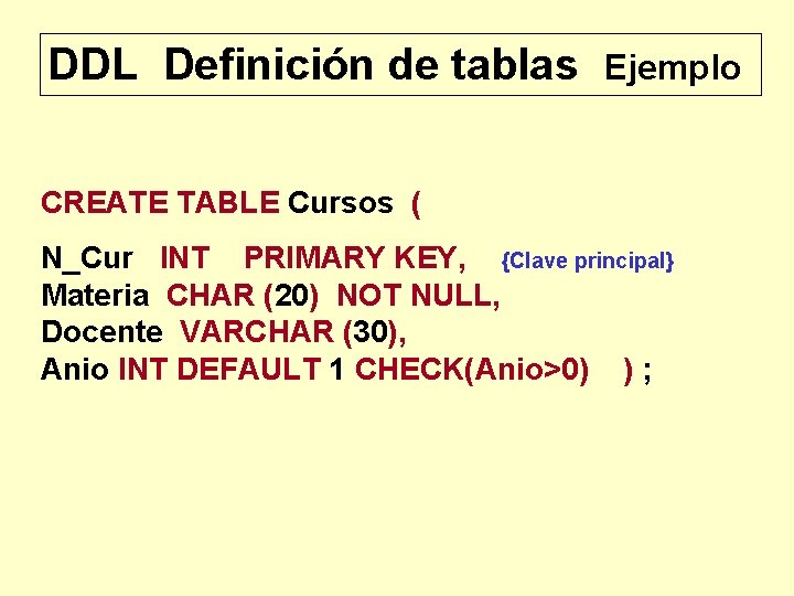 DDL Definición de tablas Ejemplo CREATE TABLE Cursos ( N_Cur INT PRIMARY KEY, {Clave