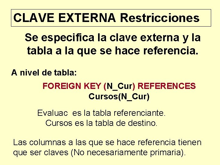 CLAVE EXTERNA Restricciones Se especifica la clave externa y la tabla a la que