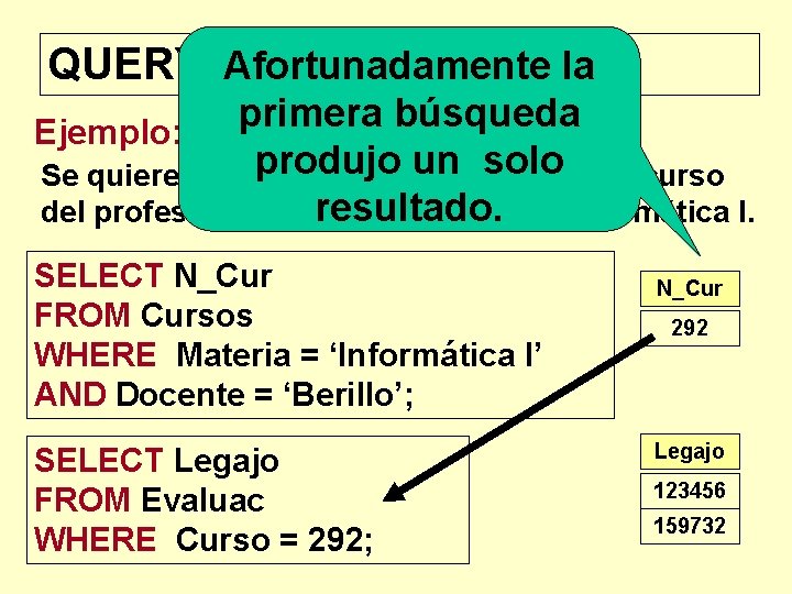 QUERY Afortunadamente a varias tablas la primera búsqueda Ejemplo: produjo unalumnos solo del curso