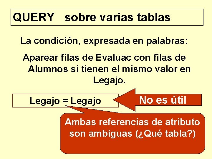 QUERY sobre varias tablas La condición, expresada en palabras: Aparear filas de Evaluac con