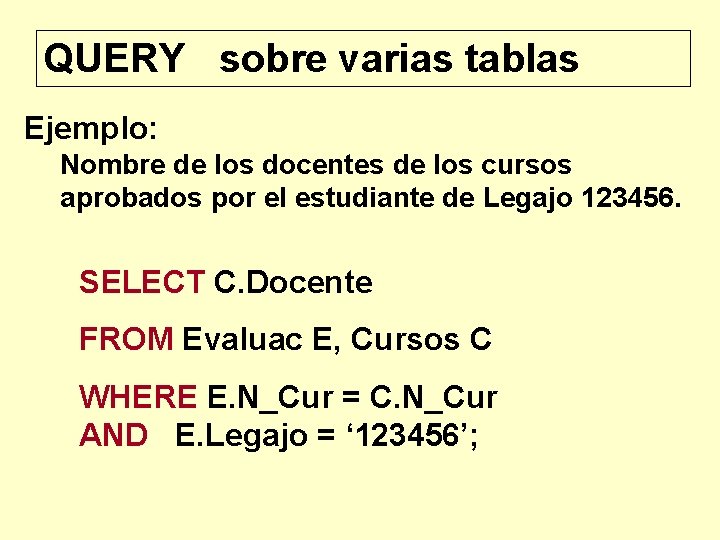 QUERY sobre varias tablas Ejemplo: Nombre de los docentes de los cursos aprobados por