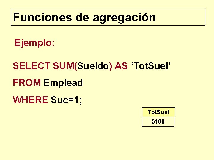 Funciones de agregación Ejemplo: SELECT SUM(Sueldo) AS ‘Tot. Suel’ FROM Emplead WHERE Suc=1; Tot.