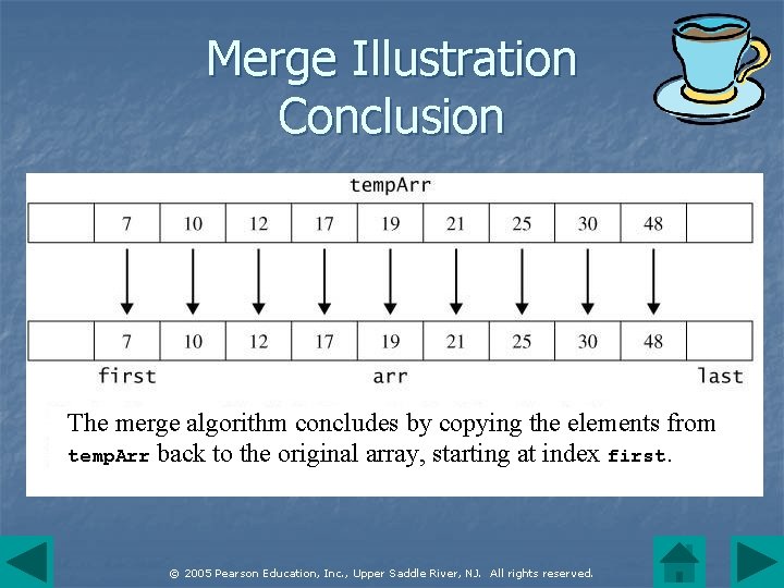 Merge Illustration Conclusion The merge algorithm concludes by copying the elements from temp. Arr