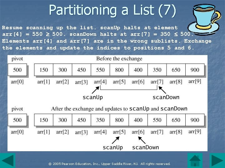 Partitioning a List (7) Resume scanning up the list. scan. Up halts at element