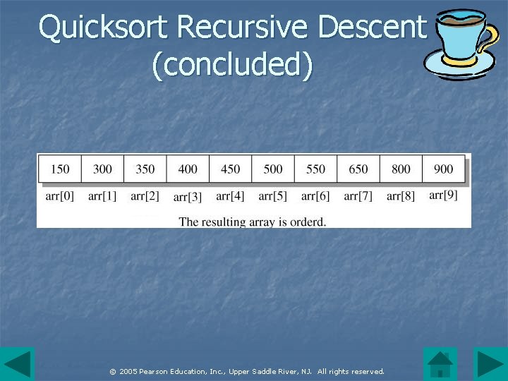 Quicksort Recursive Descent (concluded) © 2005 Pearson Education, Inc. , Upper Saddle River, NJ.