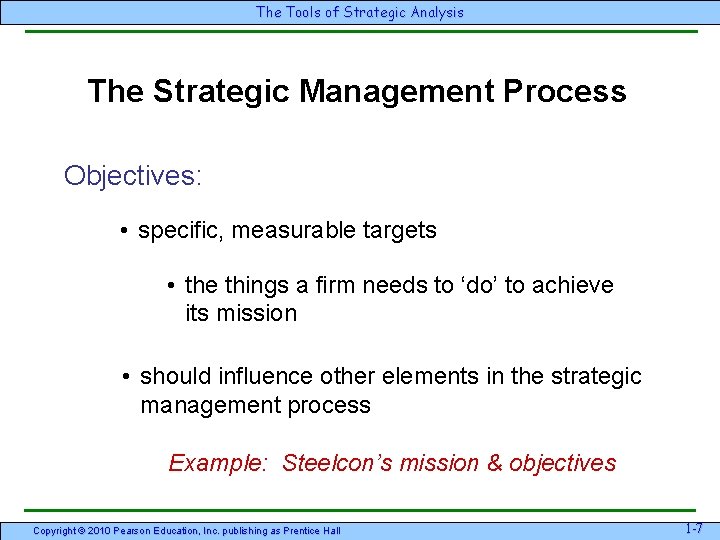 The Tools of Strategic Analysis The Strategic Management Process Objectives: • specific, measurable targets The Tools of Strategic Analysis The Strategic Management Process Objectives: • specific, measurable targets