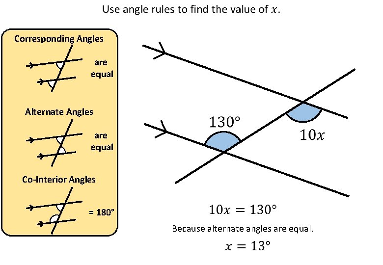 Corresponding Angles are equal Alternate Angles are equal Co-Interior Angles = 180° Because alternate