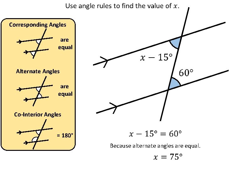 Corresponding Angles are equal Alternate Angles are equal Co-Interior Angles = 180° Because alternate