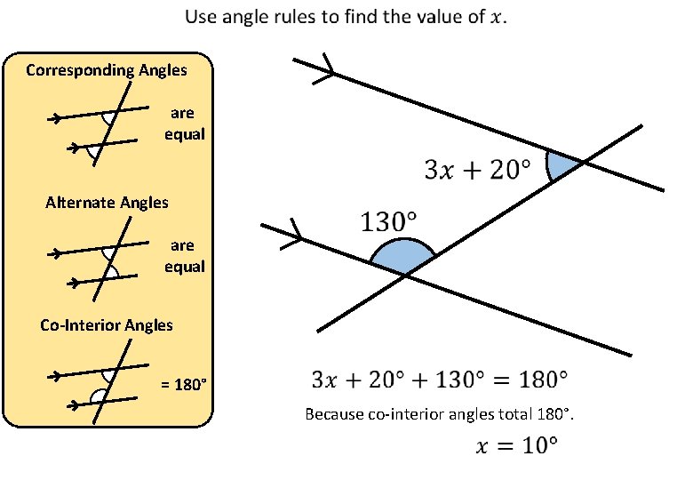 Corresponding Angles are equal Alternate Angles are equal Co-Interior Angles = 180° Because co-interior