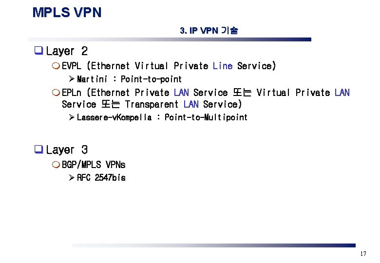 MPLS VPN 3. IP VPN 기술 q Layer 2 m EVPL (Ethernet Virtual Private