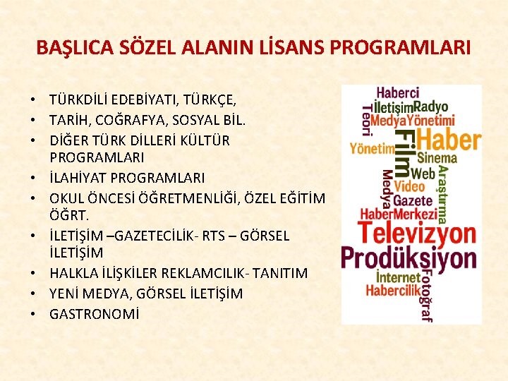 BAŞLICA SÖZEL ALANIN LİSANS PROGRAMLARI • TÜRKDİLİ EDEBİYATI, TÜRKÇE, • TARİH, COĞRAFYA, SOSYAL BİL.