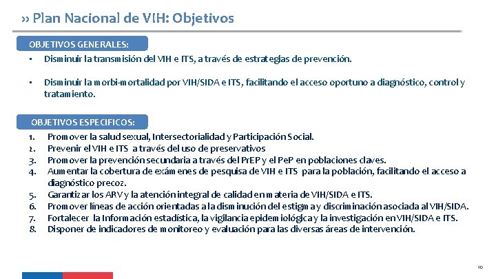 ›› Plan Nacional de VIH: Objetivos OBJETIVOS GENERALES: • Disminuir la transmisión del VIH