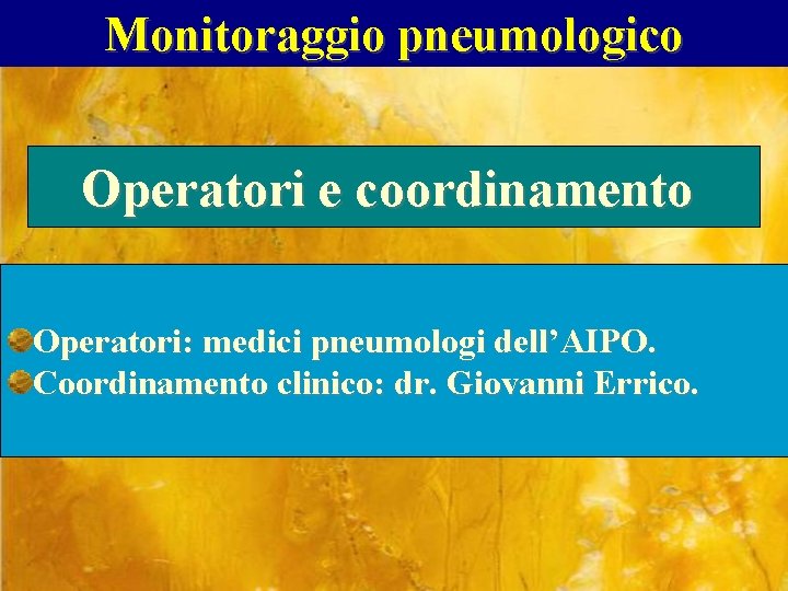 Monitoraggio pneumologico Operatori e coordinamento Operatori: medici pneumologi dell’AIPO. Coordinamento clinico: dr. Giovanni Errico.