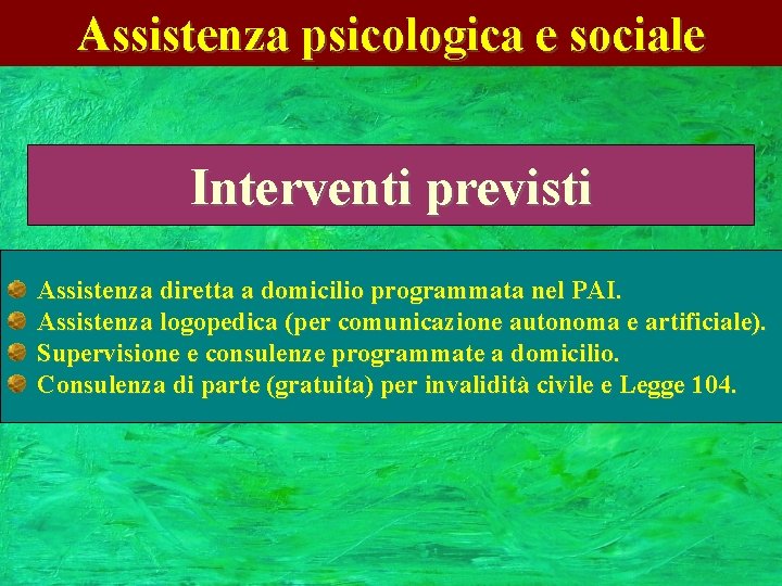 Assistenza psicologica e sociale Interventi previsti Assistenza diretta a domicilio programmata nel PAI. Assistenza