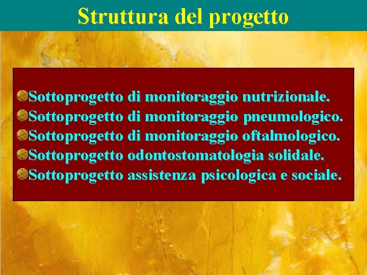 Struttura del progetto Sottoprogetto di monitoraggio nutrizionale. Sottoprogetto di monitoraggio pneumologico. Sottoprogetto di monitoraggio