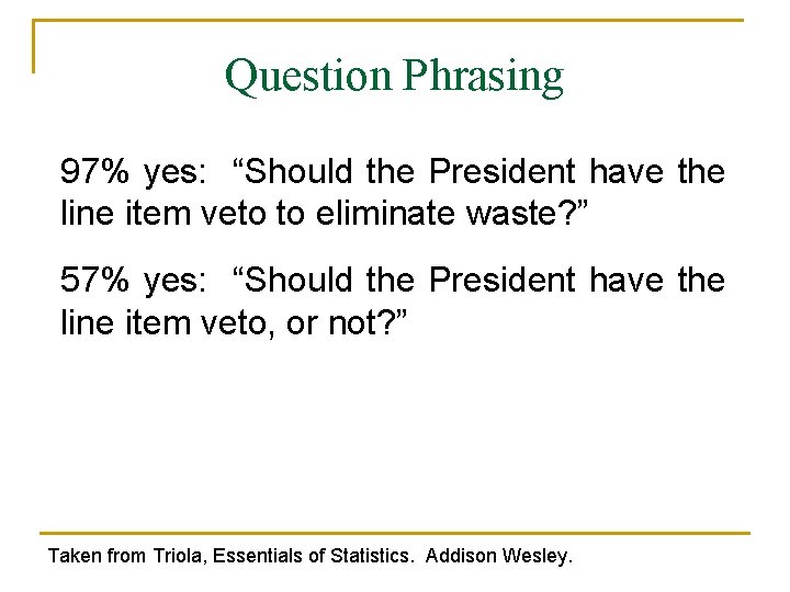 Question Phrasing 97% yes: “Should the President have the line item veto to eliminate