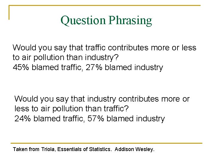 Question Phrasing Would you say that traffic contributes more or less to air pollution