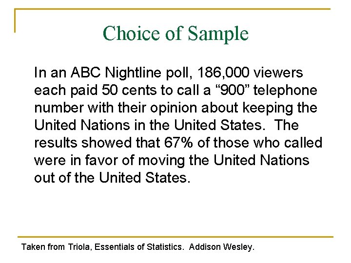 Choice of Sample In an ABC Nightline poll, 186, 000 viewers each paid 50