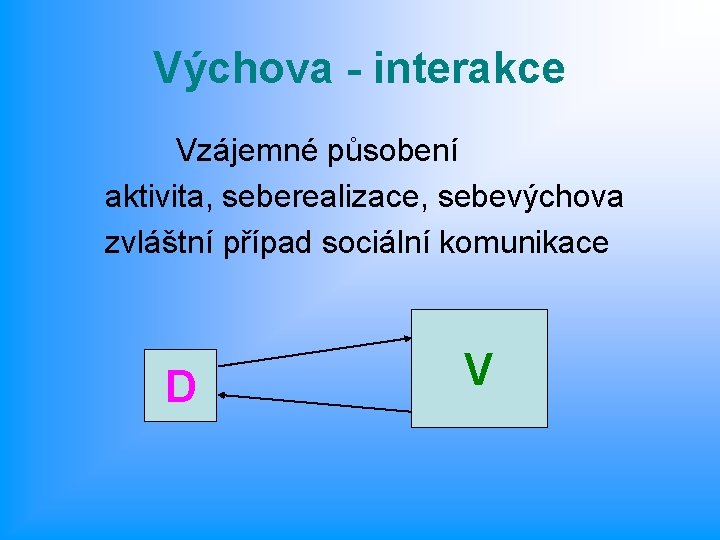 Výchova - interakce Vzájemné působení aktivita, seberealizace, sebevýchova zvláštní případ sociální komunikace D V