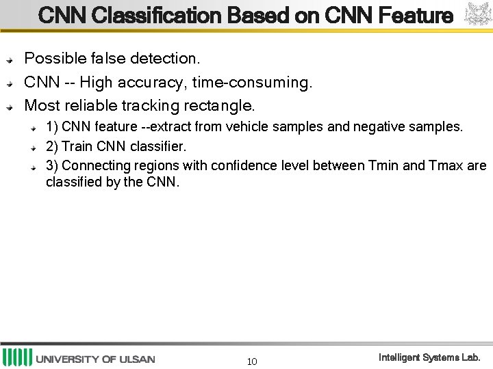 CNN Classification Based on CNN Feature Possible false detection. CNN -- High accuracy, time-consuming.