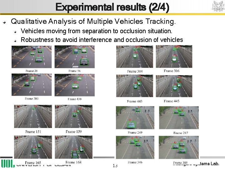 Experimental results (2/4) Qualitative Analysis of Multiple Vehicles Tracking. Vehicles moving from separation to