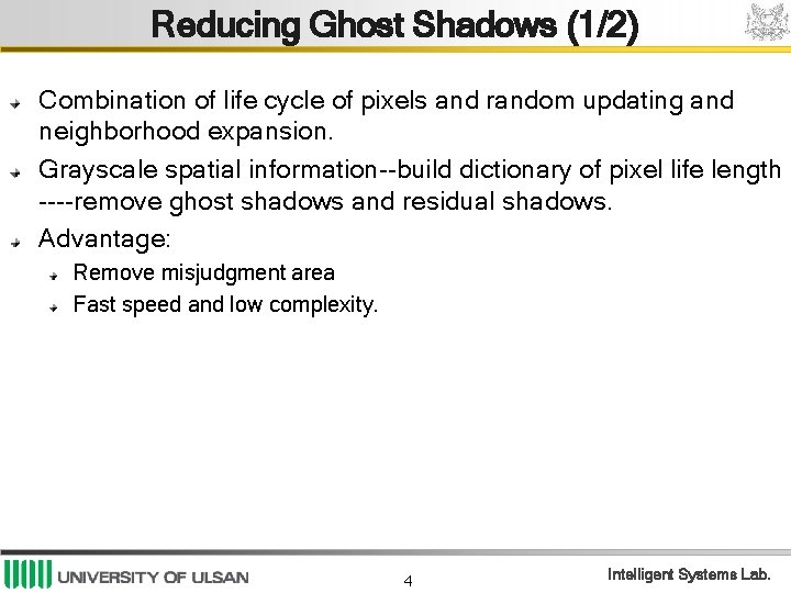 Reducing Ghost Shadows (1/2) Combination of life cycle of pixels and random updating and
