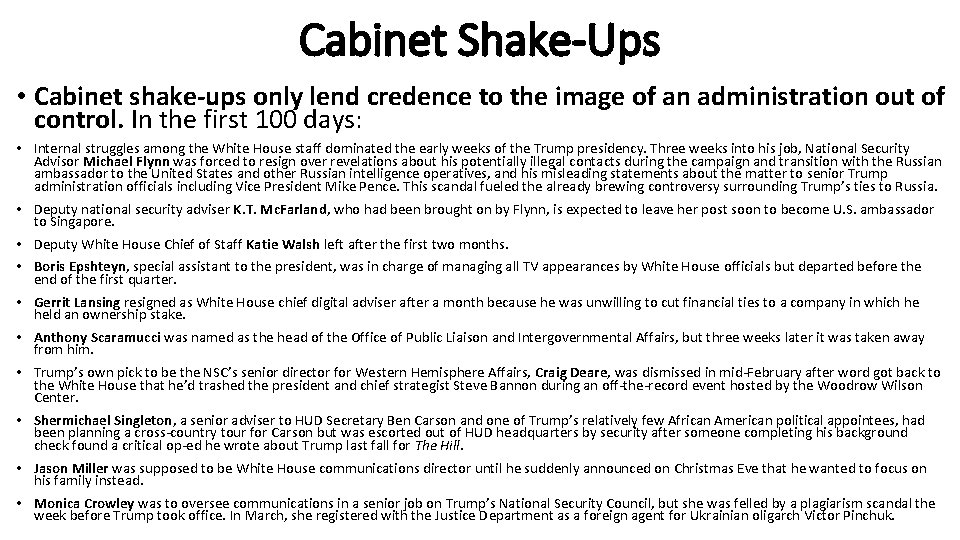 Cabinet Shake-Ups • Cabinet shake-ups only lend credence to the image of an administration