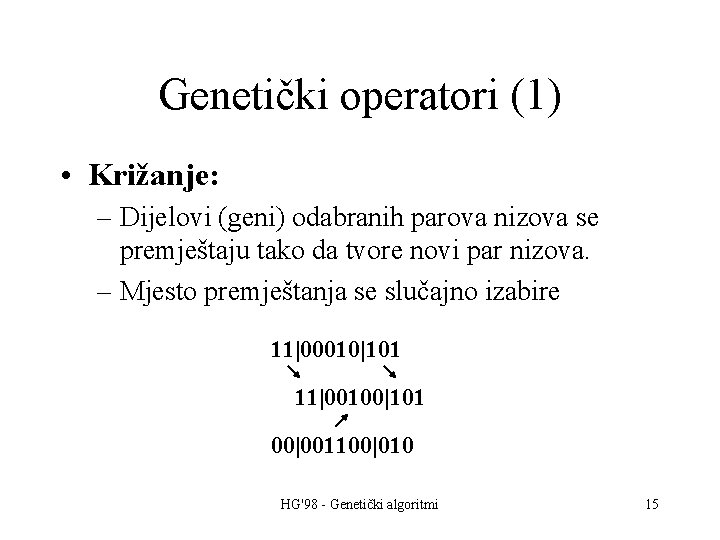Genetički operatori (1) • Križanje: – Dijelovi (geni) odabranih parova nizova se premještaju tako