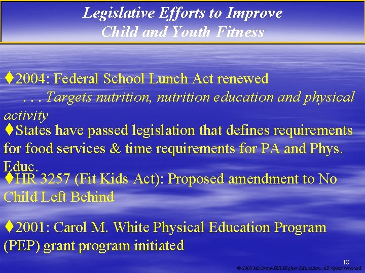 Legislative Efforts to Improve Child and Youth Fitness t 2004: Federal School Lunch Act