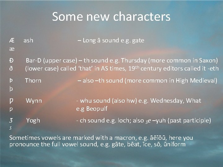 Some new characters Æ æ ash – Long ā sound e. g. gate Ð