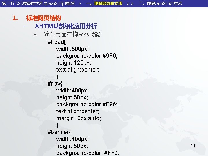 第二节 CSS层级样式表与Java. Script概述 ＞ 1. 一、理解层级样式表 ＞＞ 标准网页结构 XHTML结构化应用分析 • 简单页面结构-css代码 #head{ width: 500