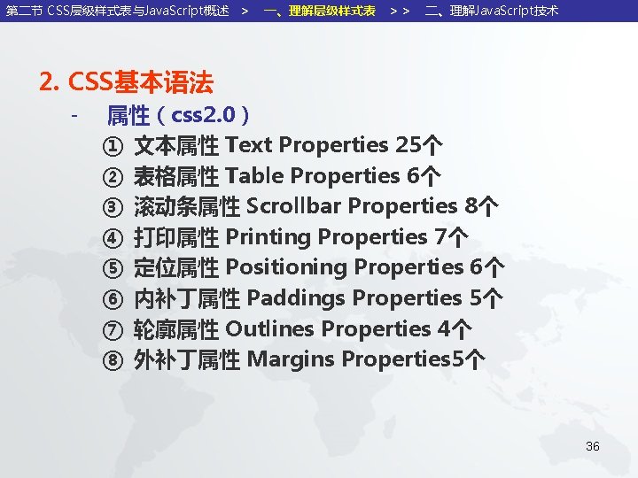 第二节 CSS层级样式表与Java. Script概述 ＞ 一、理解层级样式表 ＞＞ 二、理解Java. Script技术 2. CSS基本语法 - 属性（css 2. 0）