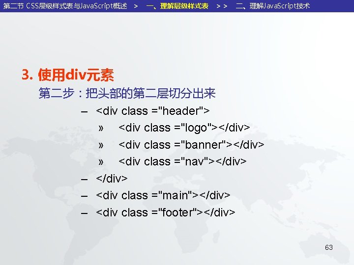 第二节 CSS层级样式表与Java. Script概述 ＞ 一、理解层级样式表 ＞＞ 二、理解Java. Script技术 3. 使用div元素 第二步：把头部的第二层切分出来 – <div class