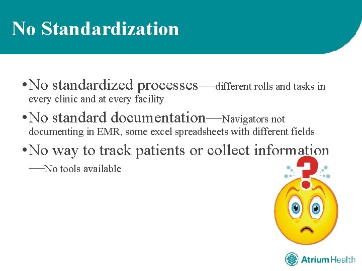 No Standardization • No standardized processes—different rolls and tasks in every clinic and at