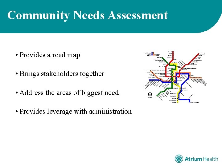 Community Needs Assessment • Provides a road map • Brings stakeholders together • Address