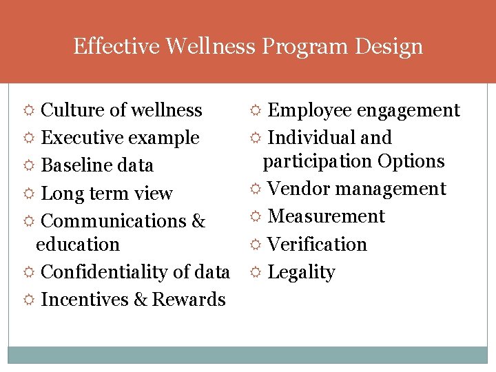 Effective Wellness Program Design Culture of wellness Employee engagement Executive example Individual and participation