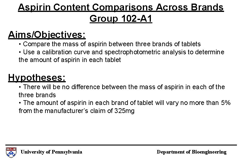 Aspirin Content Comparisons Across Brands Group 102 -A 1 Aims/Objectives: • Compare the mass