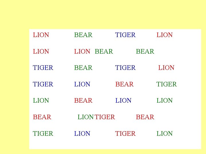 LION BEAR TIGER LION BEAR LION BEAR TIGER BEAR LION TIGER LION BEAR TIGER