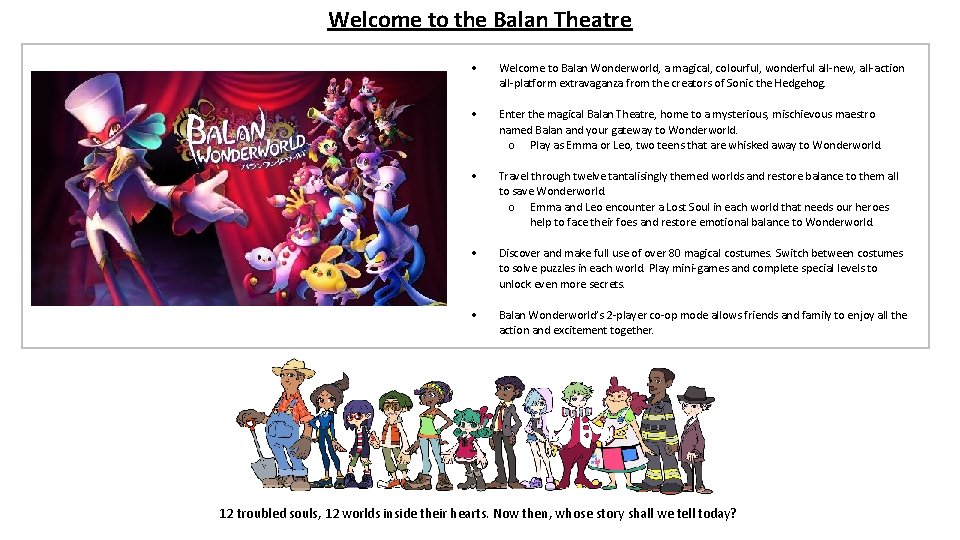 Welcome to the Balan Theatre Welcome to Balan Wonderworld, a magical, colourful, wonderful all-new,