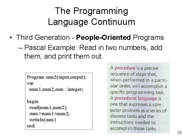 The Programming Language Continuum • Third Generation - People-Oriented Programs – Pascal Example: Read