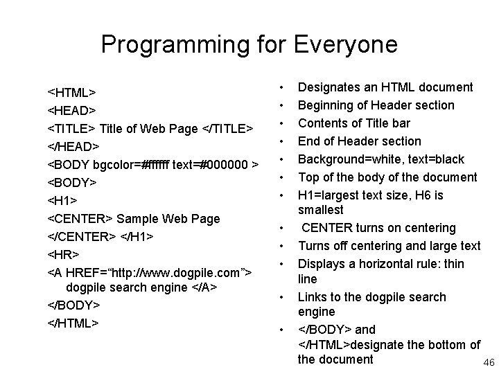 Programming for Everyone <HTML> <HEAD> <TITLE> Title of Web Page </TITLE> </HEAD> <BODY bgcolor=#ffffff