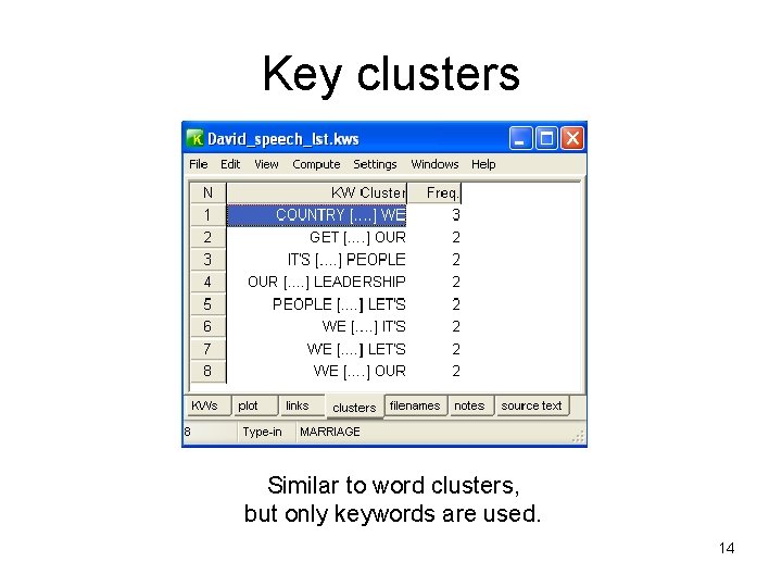 Key clusters Similar to word clusters, but only keywords are used. 14 