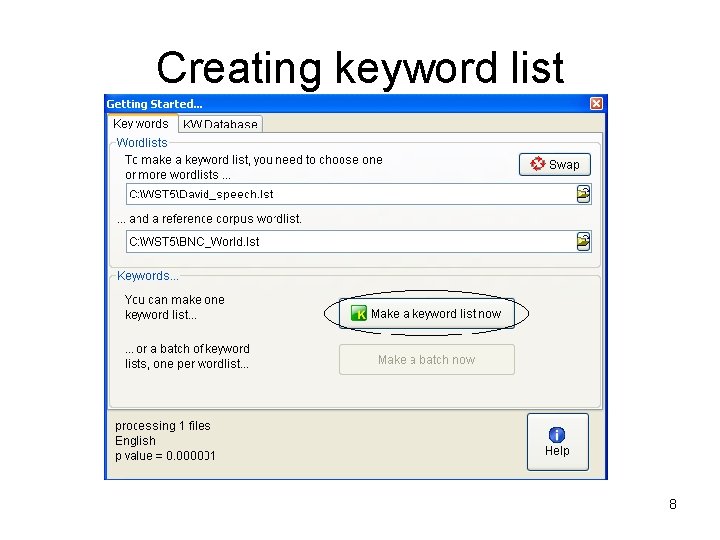 Creating keyword list 8 